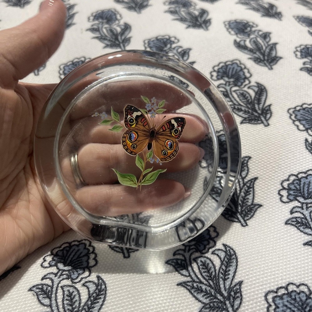 Vintage Viking Clear Round‎ Butterfly And Flowers Paperweight